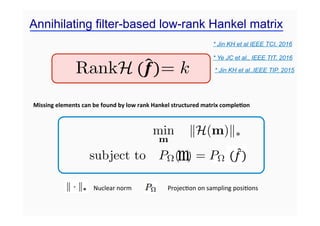 Missing elements can be found by low rank Hankel structured matrix comple5on
Nuclear norm Projec5on on sampling posi5ons
min
m
kH(m)k⇤
subject to P⌦(b) = P⌦(f)
RankH(f) = k
* Jin KH et al IEEE TCI, 2016
* Jin KH et al.,IEEE TIP, 2015
* Ye JC et al., IEEE TIT, 2016
m
Annihilating filter-based low-rank Hankel matrix
 