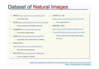 Dataset of Natural Images
• MNIST (http://yann.lecun.com/exdb/mnist/)
– Handwritten digits.
• SVHN (http://ufldl.stanford.edu/housenumbers/)
– House numbers from Google Street View.
• ImageNet (http://www.image-net.org/)
– The de-facto image dataset.
• LSUN (http://lsun.cs.princeton.edu/2016/)
– Large-scale scene understanding challenge.
• Pascal VOC (
http://host.robots.ox.ac.uk/pascal/VOC/)
– Standardized image dataset.
• MS COCO (http://cocodataset.org/#home)
– Common Objects in Context.
• CIFAR-10 / -100
(https://www.cs.utoronto.ca/~kriz/cifar.html)
– Tiny images data set.
• BSDS300 / 500 (
https://www2.eecs.berkeley.edu/Research/
Projects/CS/vision/grouping/resources.html)
– Contour detection and image Segmentation
resources.
https://en.wikipedia.org/wiki/List_of_datasets_for_machine_learning_research
https://www.kaggle.com/datasets
 