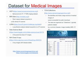 Dataset for Medical Images
• HCP (https://www.humanconnectome.org/)
– Behavioral and 3T / 7T MR imaging dataset.
• MRI Data (http://mridata.org/)
– Raw k-space dataset acquired on
a GE clinical 3T scanner.
• LUNA (https://luna16.grand-challenge.org/data/)
– Lung Nodule analysis dataset acquired on a CT scanner.
• Data Science Bowl
(https://www.kaggle.com/c/data-science-bowl-2017)
– A thousand low-dose CT images.
• NIH Chest X-rays
(https://nihcc.app.box.com/v/ChestXray-NIHCC)
– X-ray images with disease labels.
http://www.cancerimagingarchive.net/
https://www.kaggle.com/datasets
• TCIA Collections
(http://www.cancerimagingarchive.net/)
• De-identifies and hosts a large archive of medical
images of
cancer accessible for public download.
• The data are organized as “Collections”, typically
patients related
by a common disease, image modality (MRI, CT,
etc).
 