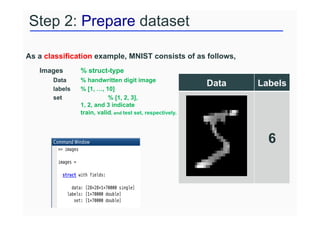 Step 2: Prepare dataset
As a classification example, MNIST consists of as follows,
Images % struct-type
Data % handwritten digit image
labels % [1, …, 10]
set % [1, 2, 3],
1, 2, and 3 indicate
train, valid, and test set, respectively.
Data Labels
6
 