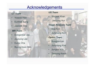 Acknowledgements
CT Team
• Yoseob Han
• Eunhee Kang
• Jawook Goo
US Team
• Shujaat Khan
• Jaeyong Hur
MR Team
• Dongwook Lee
• Juyoung Lee
• Eunju Cha
• Byung-hoon Kim
Image Analysis Team
• Boa Kim
• Junyoung Kim
Optics Team
• Sungjun Lim
• Junyoung Kim
• Jungsol Kim
• Taesung Kwon
 