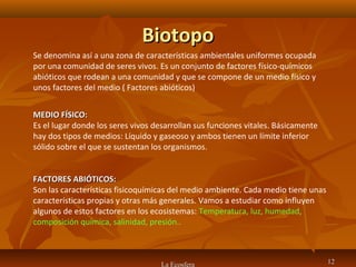 BiotopoBiotopo
La Ecosfera 1212
Se denomina así a una zona de características ambientales uniformes ocupada
por una comunidad de seres vivos. Es un conjunto de factores físico-químicos
abióticos que rodean a una comunidad y que se compone de un medio físico y
unos factores del medio ( Factores abióticos)
MEDIO FÍSICO:MEDIO FÍSICO:
Es el lugar donde los seres vivos desarrollan sus funciones vitales. Básicamente
hay dos tipos de medios: Líquido y gaseoso y ambos tienen un límite inferior
sólido sobre el que se sustentan los organismos.
FACTORES ABIÓTICOS:FACTORES ABIÓTICOS:
Son las características fisicoquímicas del medio ambiente. Cada medio tiene unas
características propias y otras más generales. Vamos a estudiar como influyen
algunos de estos factores en los ecosistemas: Temperatura, luz, humedad,
composición química, salinidad, presión..
 