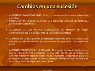 Cambios en una sucesiónCambios en una sucesión
La Ecosfera 132132
• AUMENTO DE LA BIODIVERSIDAD: Tanto en riqueza específica como en diversidad
específica.
• SUSTITUCION DE ESPECIES En general las r estrategas (iniciales) son sustituidas
por las k estrategas (finales)
• AUMENTO DE LOS NICHOS ECOLÓGICOS: Se produce un mayor
aprovechamiento y el ecosistema se vuelve más complejo
• AUMENTO DE LA ESTABILIDAD: Se establecen relaciones entre las especies, con
múltiples retroalimentaciones, que contribuyen a la estabilidad. Cada especie su
nicho
• AUMENTO PROGRESIVO DE LA BIOMASA: Al principio no hay limitación de los
recursos disponibles, la producción es muy alta, por lo que se produce un
aumento progresivo hasta las etapas finales. Finalmente la respiración iguala a la
producción, excepto cuando se retira la biomasa (cultivo) o se seca la hierba. En
estos casos nunca se llegará a la etapa clímax
 
