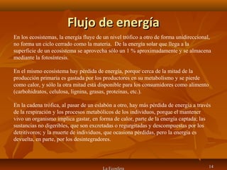 Flujo de energíaFlujo de energía
La Ecosfera 1414
En los ecosistemas, la energía fluye de un nivel trófico a otro de forma unidireccional,
no forma un ciclo cerrado como la materia. De la energía solar que llega a la
superficie de un ecosistema se aprovecha sólo un 1 % aproximadamente y se almacena
mediante la fotosíntesis.
En el mismo ecosistema hay pérdida de energía, porque cerca de la mitad de la
producción primaria es gastada por los productores en su metabolismo y se pierde
como calor, y sólo la otra mitad está disponible para los consumidores como alimento
(carbohidratos, celulosa, lignina, grasas, proteínas, etc.).
En la cadena trófica, al pasar de un eslabón a otro, hay más pérdida de energía a través
de la respiración y los procesos metabólicos de los individuos, porque el mantener
vivo un organismo implica gastar, en forma de calor, parte de la energía captada; las
sustancias no digeribles, que son excretadas o regurgitadas y descompuestas por los
detritívoros; y la muerte de individuos, que ocasiona pérdidas, pero la energía es
devuelta, en parte, por los desintegradores.
 
