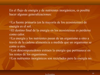 La Ecosfera 1919
En el flujo de energía y de nutrientes inorgánicos, es posible
hacer algunas generalizaciones:
oLa fuente primaria (en la mayoría de los ecosistemas) de
energía es el sol.
oEl destino final de la energía en los ecosistemas es perderse
como calor.
oLa energía y los nutrientes pasan de un organismo a otro a
través de la cadena alimenticia a medida que un organismo se
come a otro.
oLos descomponedores extraen la energía que permanece en
los restos de los organismos.
oLos nutrientes inorgánicos son reciclados pero la energía no.
 