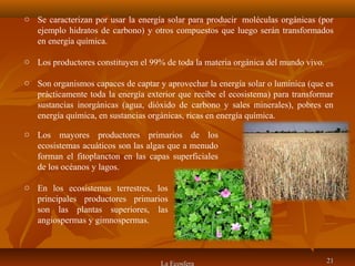 La Ecosfera 2121
o Se caracterizan por usar la energía solar para producir moléculas orgánicas (por
ejemplo hidratos de carbono) y otros compuestos que luego serán transformados
en energía química.
o Los productores constituyen el 99% de toda la materia orgánica del mundo vivo.
o Son organismos capaces de captar y aprovechar la energía solar o lumínica (que es
prácticamente toda la energía exterior que recibe el ecosistema) para transformar
sustancias inorgánicas (agua, dióxido de carbono y sales minerales), pobres en
energía química, en sustancias orgánicas, ricas en energía química.
o En los ecosistemas terrestres, los
principales productores primarios
son las plantas superiores, las
angiospermas y gimnospermas.
o Los mayores productores primarios de los
ecosistemas acuáticos son las algas que a menudo
forman el fitoplancton en las capas superficiales
de los océanos y lagos.
 