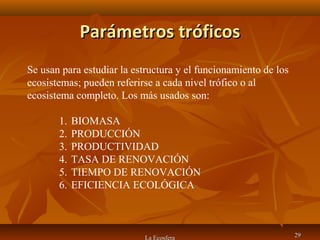 Parámetros tróficosParámetros tróficos
La Ecosfera 2929
Se usan para estudiar la estructura y el funcionamiento de los
ecosistemas; pueden referirse a cada nivel trófico o al
ecosistema completo. Los más usados son:
1. BIOMASA
2. PRODUCCIÓN
3. PRODUCTIVIDAD
4. TASA DE RENOVACIÓN
5. TIEMPO DE RENOVACIÓN
6. EFICIENCIA ECOLÓGICA
 