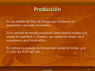 ProducciónProducción
La Ecosfera 3232
Es una medida del flujo de Energía que circula por un
ecosistema o por cada nivel trófico.
Es la cantidad de energía acumulada como materia orgánica por
unidad de superficie o volumen y por unidad de tiempo, en el
ecosistema o en el nivel trófico.
Se expresa en unidades de biomasa por unidad de tiempo: g de
C/ cm2/ día Kcal/ m3/ año ....
 