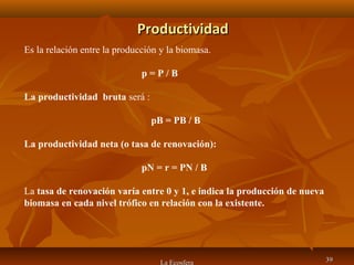 ProductividadProductividad
La Ecosfera 3939
Es la relación entre la producción y la biomasa.
p = P / B
La productividad bruta será :
pB = PB / B
La productividad neta (o tasa de renovación):
pN = r = PN / B
La tasa de renovación varía entre 0 y 1, e indica la producción de nueva
biomasa en cada nivel trófico en relación con la existente.
 