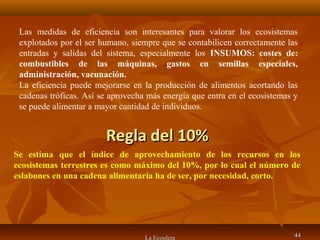 La Ecosfera 4444
Las medidas de eficiencia son interesantes para valorar los ecosistemas
explotados por el ser humano, siempre que se contabilicen correctamente las
entradas y salidas del sistema, especialmente los INSUMOS: costes de:
combustibles de las máquinas, gastos en semillas especiales,
administración, vacunación.
La eficiencia puede mejorarse en la producción de alimentos acortando las
cadenas tróficas. Así se aprovecha más energía que entra en el ecosistemas y
se puede alimentar a mayor cantidad de individuos.
Regla del 10%Regla del 10%
Se estima que el índice de aprovechamiento de los recursos en los
ecosistemas terrestres es como máximo del 10%, por lo cual el número de
eslabones en una cadena alimentaria ha de ser, por necesidad, corto.
 