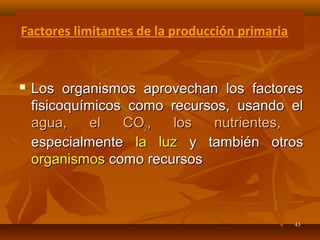 Los organismos aprovechan los factoresLos organismos aprovechan los factores
fisicoquímicos como recursos, usando elfisicoquímicos como recursos, usando el
agua, el COagua, el CO22, los nutrientes,, los nutrientes,
especialmenteespecialmente la luzla luz y también otrosy también otros
organismosorganismos como recursoscomo recursos
4545
Factores limitantes de la producción primaria
 