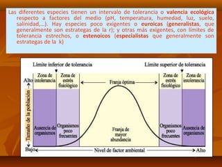 Las diferentes especies tienen un intervalo de tolerancia o valencia ecológica
respecto a factores del medio (pH, temperatura, humedad, luz, suelo,
salinidad,…). Hay especies poco exigentes o euroicas (generalistas, que
generalmente son estrategas de la r); y otras más exigentes, con límites de
tolerancia estrechos, o estenoicos (especialistas que generalmente son
estrategas de la k)
 