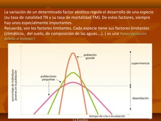 La Ecosfera 5454
La variación de un determinado factor abiótico regula el desarrollo de una especie
(su tasa de natalidad TN y su tasa de mortalidad TM). De estos factores, siempre
hay unos especialmente importantes.
Recuerda, son los factores limitantes. Cada especie tiene sus factores limitantes
(climáticos, del suelo, de composición de las aguas….). ( es una AutorregulaciónAutorregulación
debida al biotopo )debida al biotopo )
 