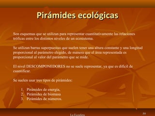 Pirámides ecológicasPirámides ecológicas
La Ecosfera 5959
Son esquemas que se utilizan para representar cuantitativamente las relaciones
tróficas entre los distintos niveles de un ecosistema.
Se utilizan barras superpuestas que suelen tener una altura constante y una longitud
proporcional al parámetro elegido, de manera que el área representada es
proporcional al valor del parámetro que se mide.
El nivel DESCOMPONEDORES no se suele representar, ya que es difícil de
cuantificar.
Se suelen usar tres tipos de pirámides:
1. Pirámides de energía,
2. Pirámides de biomasa
3. Pirámides de números.
 
