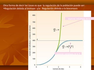 especies estrategas de la r
especies estrategas de la K
Otra forma de decir las cosas es que la regulación de la población puede ser:
•Regulación debida al biotopo y/o Regulación debida a la biocenosis
 