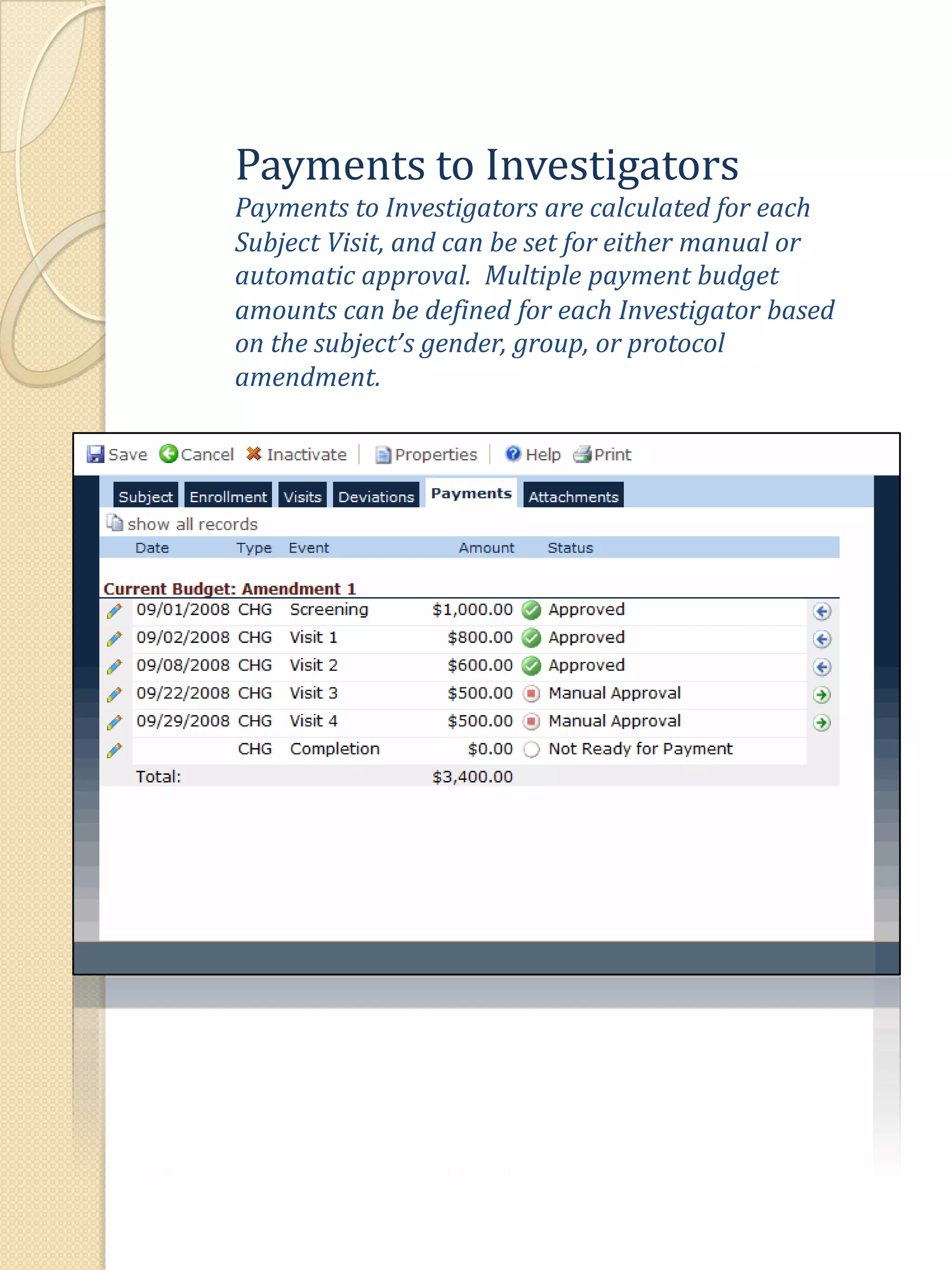 Payments to InvestigatorsPayments to Investigators are calculated for each Subject Visit, and can be set for either manual or automatic approval.  Multiple payment budget amounts can be defined for each Investigator based on the subject’s gender, group, or protocol amendment. 