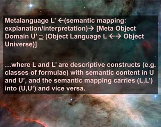 Metalanguage L’ (semantic mapping:
explanation/interpretation) [Meta Object
Domain U’  (Object Language L  Object
Uni...