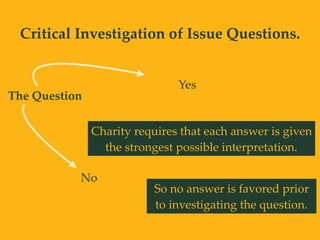 Critical Investigation of Issue Questions.
The Question
Yes
No
Charity requires that each answer is given
the strongest possible interpretation.
So no answer is favored prior
to investigating the question.
 