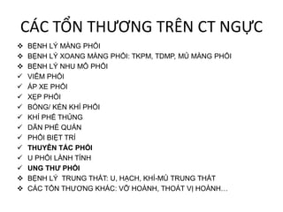 CÁC TỔN THƯƠNG TRÊN CT NGỰC
 BỆNH LÝ MÀNG PHỔI
 BỆNH LÝ XOANG MÀNG PHỔI: TKPM, TDMP, MỦ MÀNG PHỔI
 BỆNH LÝ NHU MÔ PHỔI
 VIÊM PHỔI
 ÁP XE PHỔI
 XẸP PHỔI
 BÓNG/ KÉN KHÍ PHỔI
 KHÍ PHẾ THỦNG
 DÃN PHẾ QUẢN
 PHỔI BIỆT TRÍ
 THUYÊN TẮC PHỔI
 U PHỔI LÀNH TÍNH
 UNG THƯ PHỔI
 BỆNH LÝ TRUNG THẤT: U, HẠCH, KHÍ-MỦ TRUNG THẤT
 CÁC TỔN THƯƠNG KHÁC: VỠ HOÀNH, THOÁT VỊ HOÀNH…
 