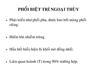 PHOÅI BIEÄT TRÍ NGOAÏI THUØY
 Phaùt trieån nhö phoåi phuï, ñöôïc bao bôûi maøng phoåi
rieâng.
 Hieám khi nhieãm truøng.
 Haàu heát bieåu hieän laø khoái moâ ñoàng nhaát.
 Lieân quan hoaønh (T) trong 90% tröôøng hôïp.
 