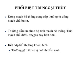 PHOÅI BIEÄT TRÍ NGOAÏI THUØY
 Ñoäng maïch heä thoáng cung caáp thöôøng töø ñoäng
maïch chuû buïng.
 Thöôøng daãn löu theo heä tónh maïch heä thoáng-Tónh
maïch chuû döôùi, azygos hay baùn ñôn.
 Keát hôïp baát thöôøng khaùc: 60%.
 Thöôøng gaëp thoaùt vò hoaønh baåm sinh.
 