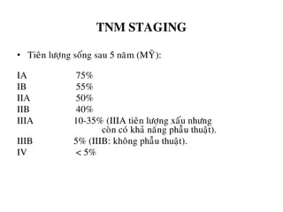 TNM STAGING
• Tieân löôïng soáng sau 5 naêm (MYÕ):
IA 75%
IB 55%
IIA 50%
IIB 40%
IIIA 10-35% (IIIA tieân löôïng xaáu nhöng
coøn coù khaû naêng phaãu thuaät).
IIIB 5% (IIIB: khoâng phaãu thuaät).
IV < 5%
 
