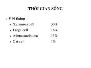 THÔØI GIAN SOÁNG
 # 40 thaùng
 Squamous cell 30%
 Large cell 16%
 Adenocarcinoma 15%
 Oat cell 1%
 