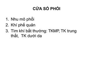 1. Nhu mô phổi
2. Khí phế quản
3. Tìm khí bất thường: TKMP, TK trung
thất, TK dưới da
CỬA SỔ PHỔI
 