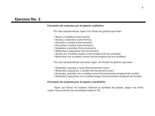 6
Ejercicio No. 3
Formación de conjuntos por el aspecto cualitativo
Por dos características: tapar con fichas los globos que sean:
• Rojos y ovalados (color-forma).
• Azules y redondos (color-forma).
• Grandes y verdes (color-tamaño).
• Pequeños y azules (color-tamaño).
• Ovalados y grandes (forma-tamaño).
• Redondos y pequeños (forma-tamaño).
• Azules con cordeles largos (color-longitud de los cordeles).
• Redondos con cordeles cortos (forma-longitud de los cordeles).
Por tres características comunes: tapar con fichas los globos que sean:
• Ovalados, grandes y rojos (forma-tamaño-color).
• Redondos, pequeños y verdes (forma-tamaño-color).
• Ovalados, grandes con cordeles cortos (forma-tamaño-longitud del cordel).
• Redondos, pequeños con cordeles largos (forma-tamaño-longitud del cordel).
Formación de conjuntos por el aspecto cuantitativo
Tapar con fichas (la maestra indicará la cantidad de globos, según los niños
vayan reconociendo las cantidades hasta el 10).
4P-18 Tripa (8 1/4 x 11) 4/17/05 11:43 AM Página 6
 