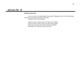 36
Ejercicio No. 18
Relación parte-todo
¿Por qué el tren no puede llegar a la estación? Representar en una tirita de papel
toda la línea y separar la parte que le falta.
Comparar las tiritas de papel:
¿Qué es mayor, toda la línea o la parte que le falta?
¿Qué es menor, toda la línea o la parte que le falta?
¿Qué hay que hacer para tener la línea completa?
Completar en el dibujo la parte que falta.
4P-18 Tripa (8 1/4 x 11) 4/17/05 11:44 AM Página 36
 