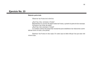 46
Ejercicio No. 23
Relación parte-todo
Observar las frutas de la lámina:
¿Qué hay más, naranjas o frutas?
Representar en una tira de papel todas las frutas y quitarle la parte de las naranjas.
Comparar las tiritas de papel.
¿Qué hay más naranjas o frutas?
La maestra realiza las preguntas necesarias para establecer las relaciones cuanti-
tativas entre el todo y las partes.
Distribuir las frutas en dos cajas. En cada caja se debe dibujar las que sean del
mismo tipo.
4P-18 Tripa (8 1/4 x 11) 4/17/05 11:44 AM Página 46
 