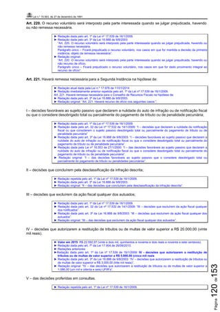 Lei n.º 15.563, de 27 de dezembro de 1991
Página120de153
Art. 220. O recurso voluntário será interposto pela parte interessada quando se julgar prejudicada, havendo
ou não remessa necessária.
► Redação dada pelo art. 1º da Lei nº 17.539 de 16/1/2009.
► Redação dada pelo art. 3º da Lei 16.888 de 9/8/2003:
“Art. 220. O recurso voluntário será interposto pela parte interessada quando se julgar prejudicada, havendo ou
não remessa necessária.
Parágrafo único – Ficará prejudicado o recurso voluntário, nos casos em que for mantida a decisão da primeira
instância, objeto da remessa necessária”.
► Redação original:
“Art. 220. O recurso voluntário será interposto pela parte interessada quando se julgar prejudicada, havendo ou
não recurso de ofício.
Parágrafo único – Ficará prejudicado o recurso voluntário, nos casos em que for dado provimento integral ao
recurso de ofício”.
Art. 221. Haverá remessa necessária para a Segunda Instância na hipótese de:
► Redação atual dada pela Lei n.º 17.976 de 11/01/2014
► Redação imediatamente anterior repetida pelo art. 1º da Lei nº 17.539 de 16/1/2009.
Art. 221. Haverá remessa necessária para o Conselho de Recursos Fiscais na hipótese de:
► Redação dada pelo art. 3º da Lei 16.888 de 9/8/2003.
► Redação original: “Art. 221. Haverá recurso de ofício nos seguintes casos:”.
I – decisões favoráveis ao sujeito passivo que declarem a nulidade do auto de infração ou de notificação fiscal
ou que o considere desobrigado total ou parcialmente do pagamento de tributo ou de penalidade pecuniária;
► Redação dada pelo art. 1º da Lei nº 17.539 de 16/1/2009.
► Redação dada pelo art. 32 da Lei nº 17.532 de 14/1/2009: “I – decisões que declarem a nulidade da notificação
fiscal ou que considerem o sujeito passivo desobrigado total ou parcialmente do pagamento de tributo ou de
penalidade pecuniária”
► Redação dada pelo art. 3º da Lei 16.888 de 9/8/2003: “I – decisões favoráveis ao sujeito passivo que declarem a
nulidade do auto de infração ou de notificação fiscal ou que o considere desobrigado total ou parcialmente do
pagamento de tributo ou de penalidade pecuniária”.
► Redação dada pela Lei nº 16.553 de 27/1/2000: “I – das decisões favoráveis ao sujeito passivo que declarem a
nulidade do auto de infração ou de notificação fiscal ou que o considere desobrigado total ou parcialmente do
pagamento de tributo ou de penalidade pecuniária”.
► Redação original: “I – das decisões favoráveis ao sujeito passivo que o considere desobrigado total ou
parcialmente do pagamento de tributo ou penalidades pecuniárias”.
II – decisões que concluírem pela desclassificação da infração descrita;
► Redação repetida pelo art. 1º da Lei nº 17.539 de 16/1/2009.
► Redação dada pelo art. 3º da Lei 16.888 de 9/8/2003.
► Redação original: “II – das decisões que concluírem pela desclassificação da infração descrita”.
III – decisões que excluírem da ação fiscal qualquer dos autuados;
► Redação dada pelo art. 1º da Lei nº 17.539 de 16/1/2009.
► Redação dada pelo art. 32 da Lei nº 17.532 de 14/1/2009: “III – decisões que excluírem da ação fiscal qualquer
dos notificados”.
► Redação dada pelo art. 3º da Lei 16.888 de 9/8/2003: “III – decisões que excluírem da ação fiscal qualquer dos
autuados”.
► Redação original: “III – das decisões que excluírem da ação fiscal qualquer dos autuados”.
IV – decisões que autorizarem a restituição de tributos ou de multas de valor superior a R$ 20.000,00 (vinte
mil reais).
► Valor em 2015: R$ 22.592,97 (vinte e dois mil, quinhentos e noventa e dois reais e noventa e sete centavos).
► Redação dada pelo art. 7º da Lei 17.904 de 26/09/2013.
► Redações anteriores:
►Redação dada pelo art. 1º da Lei nº 17.539 de 16/1/2009: IV - decisões que autorizarem a restituição de
tributos ou de multas de valor superior a R$ 5.000,00 (cinco mil reais
► Redação dada pelo art. 3º da Lei 16.888 de 9/8/2003: “IV – decisões que autorizarem a restituição de tributos ou
de multas de valor superior a R$ 3.000,00 (três mil reais)”.
► Redação original: “IV – das decisões que autorizarem a restituição de tributos ou de multas de valor superior a
1.086,00 (um mil e oitenta e seis) UFIR’s”.
V – das decisões proferidas em consultas.
► Redação repetida pelo art. 1º da Lei nº 17.539 de 16/1/2009.
 