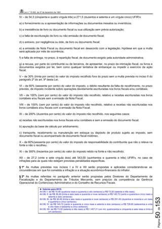 Lei n.º 15.563, de 27 de dezembro de 1991
Página50de153
IV – de 54,3 (cinqüenta e quatro vírgula três) a 271,5 (duzentos e setenta e um vírgula cinco) UFIR’s:
a) o fornecimento ou a apresentação de informações ou documentos inexatos ou inverídicos;
b) a inexistência de livro ou documento fiscal ou sua utilização sem prévia autorização;
c) a falta de escrituração de livro ou não emissão de documento fiscal;
d) o extravio, por negligência ou dolo, de livro ou documento fiscal;
e) a emissão de Nota Fiscal ou documento fiscal em desacordo com a legislação, hipótese em que a multa
será aplicada por mês de ocorrência;
f) a falta de entrega, no prazo, à repartição fiscal, de documento exigido pela autoridade administrativa;
g) a recusa, por parte do contribuinte ou de terceiros, de apresentar, no prazo da intimação fiscal, os livros e
documentos exigidos por lei, bem como qualquer tentativa de embaraçar ou impedir o exercício da ação
fiscal;
V – de 30% (trinta por cento) do valor do imposto recolhido fora do prazo sem a multa prevista no inciso II do
parágrafo 2º do art. 9º desta Lei;
VI – de 60% (sessenta por cento) do valor do imposto, o débito resultante da falta de recolhimento, no prazo
previsto, de imposto incidente sobre operações devidamente escrituradas nos livros fiscais e/ou contábeis;
VII – de 100% (cem por cento) do valor do imposto não recolhido, relativo a receitas escrituradas nos livros
contábeis e/ou fiscais sem a emissão da Nota Fiscal;
VIII – de 100% (cem por cento) do valor do imposto não recolhido, relativo a receitas não escrituradas nos
livros contábeis e/ou fiscais com a emissão da Nota Fiscal;
IX – de 200% (duzentos por cento) do valor do imposto não recolhido, nos seguintes casos:
a) receitas não escrituradas nos livros fiscais e/ou contábeis e sem a emissão do documento fiscal;
b) apuração da base de cálculo por arbitramento;
c) transporte, recebimento ou manutenção em estoque ou depósito de produto sujeito ao imposto, sem
documento fiscal ou acompanhado de documento fiscal inidôneo;
X – de 60%(sessenta por cento) do valor do imposto de responsabilidade do contribuinte que não o reteve na
fonte e não o recolheu;
XI – de 300% (trezentos por cento) do valor do imposto retido na fonte e não recolhido;
XII – de 27,2 (vinte e sete vírgula dois) até 543,00 (quinhentos e quarenta e três) UFIR’s, no caso de
infrações para as quais não estejam previstas penalidades específicas.
§ 1º As multas previstas nos incisos I a IV e XII serão propostas e aplicadas considerando-se as
circunstâncias em que foi cometida a infração e a situação econômico-financeira do infrator.
§ 2º As multas referidas no parágrafo anterior serão propostas pelos Diretores do Departamento de
Fiscalização e do Departamento de Tributos Mercantis, sem prejuízo da competência da Gerência
Operacional do Contencioso Administrativo e do Conselho de Recursos Fiscais.
► Valores para 2015:
Art.99, I: de R$ 14,48 (quatorze reais e quarenta e oito centavos) a R$ 73,00 (setenta e três reais);
Art.99, II: de R$ 36,49 (trinta e seis reais e quarenta e nove centavos) a R$ 145,72 (cento e quarenta e cinco reais e
setenta e dois centavos);
Art.99, III: de R$ 36,49 (trinta e seis reais e quarenta e nove centavos) a R$ 291,45 (duzentos e noventa e um reais
e quarenta e cinco centavos);
Art.99, IV: de R$ 145,72 (cento e quarenta e cinco reais e setenta e dois centavos) a R$ 728,65 (setecentos e vinte
e oito reais e sessenta e cinco centavos).
Art.99, XII: de R$ 73,00 (setenta e três reais) a R$ 1.457,31 (um mil, quatrocentos e cinquenta e sete reias e trinta e
um centavos).
 