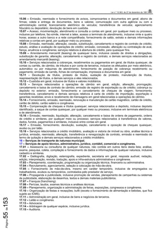 Lei n.º 15.563, de 27 de dezembro de 1991
Página55de153
15.06 – Emissão, reemissão e fornecimento de avisos, comprovantes e documentos em geral; abono de
firmas; coleta e entrega de documentos, bens e valores; comunicação com outra agência ou com a
administração central; licenciamento eletrônico de veículos; transferência de veículos; agenciamento
fiduciário ou depositário; devolução de bens em custódia.
15.07 – Acesso, movimentação, atendimento e consulta a contas em geral, por qualquer meio ou processo,
inclusive por telefone, fac-símile, internet e telex, acesso a terminais de atendimento, inclusive vinte e quatro
horas; acesso a outro banco e a rede compartilhada; fornecimento de saldo, extrato e demais informações
relativas a contas em geral, por qualquer meio ou processo.
15.08 – Emissão, reemissão, alteração, cessão, substituição, cancelamento e registro de contrato de crédito;
estudo, análise e avaliação de operações de crédito; emissão, concessão, alteração ou contratação de aval,
fiança, anuência e congêneres; serviços relativos à abertura de crédito, para quaisquer fins.
15.09 – Arrendamento mercantil (leasing) de quaisquer bens, inclusive cessão de direitos e obrigações,
substituição de garantia, alteração, cancelamento e registro de contrato, e demais serviços relacionados ao
arrendamento mercantil (leasing).
15.10 – Serviços relacionados a cobranças, recebimentos ou pagamentos em geral, de títulos quaisquer, de
contas ou carnês, de câmbio, de tributos e por conta de terceiros, inclusive os efetuados por meio eletrônico,
automático ou por máquinas de atendimento; fornecimento de posição de cobrança recebimento ou
pagamento; emissão de carnês, fichas de compensação, impressos e documentos em geral.
15.11 – Devolução de títulos, protesto de títulos, sustação de protesto, manutenção de títulos,
reapresentação de títulos, e demais serviços a eles relacionados.
15.12 – Custódia em geral, inclusive de títulos e valores mobiliários.
15.13 – Serviços relacionados a operações de câmbio em geral, edição, alteração, prorrogação,
cancelamento e baixa de contrato de câmbio; emissão de registro de exportação ou de crédito; cobrança ou
depósito no exterior; emissão, fornecimento e cancelamento de cheques de viagem; fornecimento,
transferência, cancelamento e demais serviços relativos à carta de crédito de importação, exportação e
garantias recebidas; envio e recebimento de mensagens em geral relacionadas a operações de câmbio.
15.14 – Fornecimento, emissão, reemissão, renovação e manutenção de cartão magnético, cartão de crédito,
cartão de débito, cartão salário e congêneres.
15.15 – Compensação de cheques e títulos quaisquer; serviços relacionados a depósito, inclusive depósito
identificado, a saque de contas quaisquer, por qualquer meio ou processo, inclusive em terminais eletrônicos
e de atendimento.
15.16 – Emissão, reemissão, liquidação, alteração, cancelamento e baixa de ordens de pagamento, ordens
de crédito e similares, por qualquer meio ou processo; serviços relacionados à transferência de valores,
dados, fundos, pagamentos e similares, inclusive entre contas em geral.
15.17 – Emissão, fornecimento, devolução, sustação, cancelamento e oposição de cheques quaisquer,
avulso ou por talão.
15.18 – Serviços relacionados a crédito imobiliário, avaliação e vistoria de imóvel ou obra, análise técnica e
jurídica, emissão, reemissão, alteração, transferência e renegociação de contrato, emissão e reemissão do
termo de quitação e demais serviços relacionados a crédito imobiliário.
16 – Serviços de transporte de natureza municipal.
17 – Serviços de apoio técnico, administrativo, jurídico, contábil, comercial e congêneres.
17.01 – Assessoria ou consultoria de qualquer natureza, não contida em outros itens desta lista; análise,
exame, pesquisa, coleta, compilação e fornecimento de dados e informações de qualquer natureza, inclusive
cadastro e similares.
17.02 – Datilografia, digitação, estenografia, expediente, secretaria em geral, resposta audível, redação,
edição, interpretação, revisão, tradução, apoio e infra-estrutura administrativa e congêneres.
17.03 – Planejamento, coordenação, programação ou organização técnica, financeira ou administrativa.
17.04 – Recrutamento, agenciamento, seleção e colocação de mão-de-obra.
17.05 – Fornecimento de mão-de-obra, mesmo em caráter temporário, inclusive de empregados ou
trabalhadores, avulsos ou temporários, contratados pelo prestador de serviço.
17.06 – Propaganda e publicidade, inclusive promoção de vendas, planejamento de campanhas ou sistemas
de publicidade, elaboração de desenhos, textos e demais materiais publicitários.
17.07 – Franquia (franchising).
17.08 – Perícias, laudos, exames técnicos e análises técnicas.
17.09 – Planejamento, organização e administração de feiras, exposições, congressos e congêneres.
17.10 – Organização de festas e recepções; bufê (exceto o fornecimento de alimentação e bebidas, que fica
sujeito ao ICMS).
17.11 – Administração em geral, inclusive de bens e negócios de terceiros.
17.12 – Leilão e congêneres.
17.13 – Advocacia.
17.14 – Arbitragem de qualquer espécie, inclusive jurídica.
17.15 – Auditoria.
 