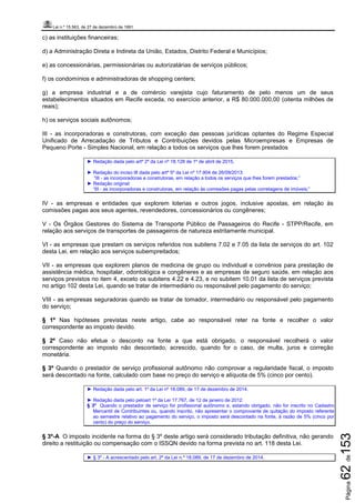 Lei n.º 15.563, de 27 de dezembro de 1991
Página62de153
c) as instituições financeiras;
d) a Administração Direta e Indireta da União, Estados, Distrito Federal e Municípios;
e) as concessionárias, permissionárias ou autorizatárias de serviços públicos;
f) os condomínios e administradoras de shopping centers;
g) a empresa industrial e a de comércio varejista cujo faturamento de pelo menos um de seus
estabelecimentos situados em Recife exceda, no exercício anterior, a R$ 80.000.000,00 (oitenta milhões de
reais);
h) os serviços sociais autônomos;
III - as incorporadoras e construtoras, com exceção das pessoas jurídicas optantes do Regime Especial
Unificado de Arrecadação de Tributos e Contribuições devidos pelas Microempresas e Empresas de
Pequeno Porte - Simples Nacional, em relação a todos os serviços que lhes forem prestados
► Redação dada pelo artº 2º da Lei nº 18.128 de 1º de abril de 2015.
► Redação do inciso III dada pelo artº 5º da Lei nº 17.904 de 26/09/2013:
“III - as incorporadoras e construtoras, em relação a todos os serviços que lhes forem prestados;”
► Redação original:
“III - as incorporadoras e construtoras, em relação às comissões pagas pelas corretagens de imóveis;”
IV - as empresas e entidades que explorem loterias e outros jogos, inclusive apostas, em relação às
comissões pagas aos seus agentes, revendedores, concessionários ou congêneres;
V - Os Órgãos Gestores do Sistema de Transporte Público de Passageiros do Recife - STPP/Recife, em
relação aos serviços de transportes de passageiros de natureza estritamente municipal.
VI - as empresas que prestam os serviços referidos nos subitens 7.02 e 7.05 da lista de serviços do art. 102
desta Lei, em relação aos serviços subempreitados;
VII - as empresas que explorem planos de medicina de grupo ou individual e convênios para prestação de
assistência médica, hospitalar, odontológica e congêneres e as empresas de seguro saúde, em relação aos
serviços previstos no item 4, exceto os subitens 4.22 e 4.23, e no subitem 10.01 da lista de serviços prevista
no artigo 102 desta Lei, quando se tratar de intermediário ou responsável pelo pagamento do serviço;
VIII - as empresas seguradoras quando se tratar de tomador, intermediário ou responsável pelo pagamento
do serviço;
§ 1º Nas hipóteses previstas neste artigo, cabe ao responsável reter na fonte e recolher o valor
correspondente ao imposto devido.
§ 2º Caso não efetue o desconto na fonte a que está obrigado, o responsável recolherá o valor
correspondente ao imposto não descontado, acrescido, quando for o caso, de multa, juros e correção
monetária.
§ 3º Quando o prestador de serviço profissional autônomo não comprovar a regularidade fiscal, o imposto
será descontado na fonte, calculado com base no preço do serviço e alíquota de 5% (cinco por cento).
► Redação dada pelo art. 1º da Lei nº 18.089, de 17 de dezembro de 2014.
► Redação dada pelo peloart 1º da Lei 17.767, de 12 de janeiro de 2012:
§ 3º Quando o prestador de serviço for profissional autônomo e, estando obrigado, não for inscrito no Cadastro
Mercantil de Contribuintes ou, quando inscrito, não apresentar o comprovante de quitação do imposto referente
ao semestre relativo ao pagamento do serviço, o imposto será descontado na fonte, à razão de 5% (cinco por
cento) do preço do serviço.
§ 3º-A O imposto incidente na forma do § 3º deste artigo será considerado tributação definitiva, não gerando
direito a restituição ou compensação com o ISSQN devido na forma prevista no art. 118 desta Lei.
► § 3º - A acrescentado pelo art. 2º da Lei n.º 18.089, de 17 de dezembro de 2014.
 