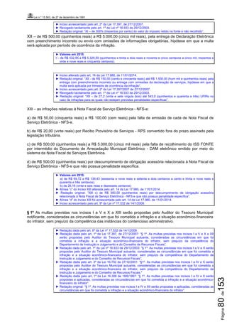 Lei n.º 15.563, de 27 de dezembro de 1991
Página80de153
► Inciso acrescentado pelo art. 2º da Lei 17.397, de 27/12/2007.
► Revogado tacitamente pelo art. 1º da Lei nº 16.933 de 29/12/2003.
► Redação original: “XI – de 300% (trezentos por cento) do valor do imposto retido na fonte e não recolhido”.
XII – de R$ 500,00 (quinhentos reais) a R$ 5.000,00 (cinco mil reais), pela entrega de Declaração Eletrônica
com preenchimento incorreto ou envio com omissões de informações obrigatórias, hipótese em que a multa
será aplicada por período de ocorrência da infração.
► Valores em 2015:
I – de R$ 532,95 a R$ 5.329,50 (quinhentos e trinta e dois reais e noventa e cinco centavos a cinco mil, trezentos e
vinte e nove reais e cinquenta centavos).
► Inciso alterado pelo art. 14 da Lei 17.980, de 11/01/2014.
► Redação original: “XII - de R$ 150,00 (cento e cincoenta reais) até R$ 1.500,00 (hum mil e quinhentos reais) pela
entrega com preenchimento incorreto ou entrega com omissões da declaração de serviços, hipótese em que a
multa será aplicada por trimestre de ocorrência da infração”.
► Inciso acrescentado pelo art. 2º da Lei 17.397/2007 de 27/12/2007.
► Revogado tacitamente pelo art. 1º da Lei nº 16.933 de 29/12/2003.
► Redação original: “XII – de 27,2 (vinte e sete vírgula dois) até 543,0 (quinhentos e quarenta e três) UFIRs no
caso de infrações para as quais não estejam previstas penalidades específicas”.
XIII – as infrações relativas à Nota Fiscal de Serviço Eletrônica - NFS-e:
a) de R$ 50,00 (cinquenta reais) a R$ 100,00 (cem reais) pela falta de emissão de cada de Nota Fiscal de
Serviço Eletrônica - NFS-e.
b) de R$ 20,00 (vinte reais) por Recibo Provisório de Serviços - RPS convertido fora do prazo assinado pela
legislação tributária.
c) de R$ 500,00 (quinhentos reais) a R$ 5.000,00 (cinco mil reais) pela falta de recolhimento do ISS FONTE
por intermédio do Documento de Arrecadação Municipal Eletrônico - DAM eletrônico emitido por meio do
sistema da Nota Fiscal de Serviços Eletrônica.
d) de R$ 500,00 (quinhentos reais) por descumprimento de obrigação acessória relacionada à Nota Fiscal de
Serviço Eletrônica - NFS-e que não possua penalidade específica.
► Valores em 2015:
a) de R$ 69,72 a R$ 139,43 (sessenta e nove reais e setenta e dois centavos a cento e trinta e nove reais e
quarenta e três centavos).
b) de 26,16 (vinte e seis reias e dezesseis centavos)
► Alínea “c” do Inciso XIII alterada pelo art. 14 da Lei 17.980, de 11/01/2014.
► Redação original: “XIII c) de R$ 500,00 (quinhentos reais) por descumprimento de obrigação acessória
relacionada à Nota Fiscal de Serviço Eletrônica - NFS-e que não possua penalidade específica”.
► Alínea “d” do Inciso XIII foi acrescentada pelo art. 14 da Lei 17.980, de 11/01/2014.
► Inciso acrescentado pelo art. 8º da Lei nº 17.532 de 14/1/2009.
§ 1º As multas previstas nos incisos I a V e X a XIII serão propostas pelo Auditor do Tesouro Municipal
notificante, consideradas as circunstâncias em que foi cometida a infração e a situação econômico-financeira
do infrator, sem prejuízo da competência das instâncias do contencioso administrativo.
► Redação dada pelo art. 6º da Lei nº 17.532 de 14/1/2009.
► Redação dada pelo art. 1º da Lei 17.397, de 27/12/2007: “§ 1º. As multas previstas nos incisos I a V e X a XII
serão propostas pelo Auditor do Tesouro Municipal autuante, consideradas as circunstâncias em que foi
cometida a infração e a situação econômico-financeira do infrator, sem prejuízo da competência do
Departamento de Instrução e Julgamento e do Conselho de Recursos Fiscais”.
► Redação dada pelo art. 1º da Lei nº 16.933 de 29/12/2003: “§ 1º. As multas previstas nos incisos I a V e X serão
propostas pelo Auditor do Tesouro Municipal autuante, consideradas as circunstâncias em que foi cometida a
infração e a situação econômico-financeira do infrator, sem prejuízo da competência do Departamento de
Instrução e Julgamento e do Conselho de Recursos Fiscais”.
► Redação dada pelo art. 3º da Lei 16.702 de 27/12/2001: “§1º. As multas previstas nos incisos I a IV e X serão
propostas pelo Auditor do Tesouro Municipal autuante, consideradas as circunstâncias em que foi cometida a
infração e a situação econômico-financeira do infrator, sem prejuízo da competência do Departamento de
Instrução e Julgamento e do Conselho de Recursos Fiscais."
► Redação dada pelo art. 1º da Lei 16.306 de 18/6/1997: “§ 1º. As multas previstas nos incisos I a IV e X serão
propostas e aplicadas, consideradas as circunstâncias em que foi cometida a infração e a situação econômico-
financeiro do infrator”.
► Redação original: “§ 1º. As multas previstas nos incisos I a IV e XII serão propostas e aplicadas, consideradas as
circunstâncias em que foi cometida a infração e a situação econômico-financeira do infrator”.
 