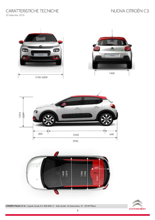 CARATTERISTICHE TECNICHE NUOVA CITROËN C3
29 Settembre 2016
CITROËN ITALIA S.P.A.: Capitale Sociale € 2.400.000 I.V. - Sede Sociale: Via Gattamelata, 41 - 20149 Milano
3
1408
1379
1386
1346
697
1041
1474
ODM
809 6482540
3996
1749/2009
1468
 