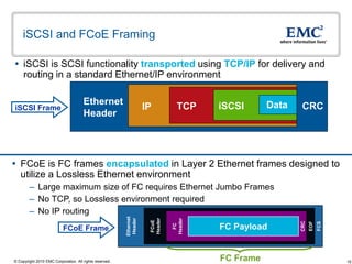 iSCSI and FCoE Framing

 iSCSI is SCSI functionality transported using TCP/IP for delivery and
  routing in a standard Ethernet/IP environment

                                      Ethernet                                  TCP    iSCSI      Data   CRC
iSCSI Frame                                                         IP
                                      Header




 FCoE is FC frames encapsulated in Layer 2 Ethernet frames designed to
  utilize a Lossless Ethernet environment
        – Large maximum size of FC requires Ethernet Jumbo Frames
        – No TCP, so Lossless environment required
        – No IP routing
                                                         Ethernet
                                                          Header



                                                                     Header



                                                                              Header
                                                                      FCoE




                                                                                                         CRC
                                                                                                               EOF
                                                                                                                     FCS
                                                                                FC




                           FCoE Frame                                                  FC Payload


© Copyright 2010 EMC Corporation. All rights reserved.                                 FC Frame                            15
 