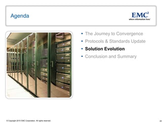 Agenda


                                                          The Journey to Convergence
                                                          Protocols & Standards Update
                                                          Solution Evolution
                                                          Conclusion and Summary




© Copyright 2010 EMC Corporation. All rights reserved.                                    24
 