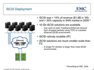 iSCSI Deployment

                                                          iSCSI was > 15% of revenue ($1.8B in „09)
                                                           and > 20% capacity in SAN market in 2009 *
                                                          10 Gb iSCSI solutions are available
                                                             – Can work on both Traditional Ethernet (recover
                                                               from dropped packets using TCP) or Lossless
                                                               Ethernet (DCB) environment

                                                          iSCSI natively routable (IP)
                         Ethernet                         iSCSI solutions are much smaller scale than
                        iSCSI SAN                          FC
                                                             – A single FC director is larger than most iSCSI
                                                               environments




                                                                                       * According to IDC, 2009
© Copyright 2010 EMC Corporation. All rights reserved.                                                            25
 