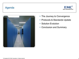 Agenda


                                                          The Journey to Convergence
                                                          Protocols & Standards Update
                                                          Solution Evolution
                                                          Conclusion and Summary




© Copyright 2010 EMC Corporation. All rights reserved.                                    3
 