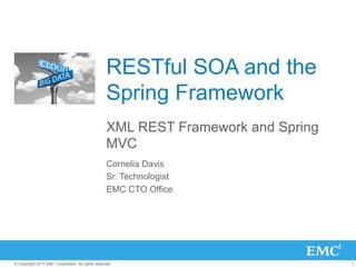 RESTful SOA and the
                                                   Spring Framework
                                                   XML REST Framework and Spring
                                                   MVC
                                                   Cornelia Davis
                                                   Sr. Technologist
                                                   EMC CTO Office




© Copyright 2011 EMC Corporation. All rights reserved.                             1
 
