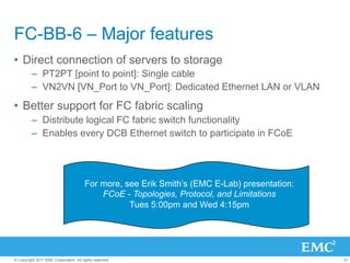 FC-BB-6 – Major features
•  Direct connection of servers to storage
         –  PT2PT [point to point]: Single cable
         –  VN2VN [VN_Port to VN_Port]: Dedicated Ethernet LAN or VLAN

•  Better support for FC fabric scaling
         –  Distribute logical FC fabric switch functionality
         –  Enables every DCB Ethernet switch to participate in FCoE




                                       For more, see Erik Smith’s (EMC E-Lab) presentation:
                                           FCoE - Topologies, Protocol, and Limitations
                                                  Tues 5:00pm and Wed 4:15pm




© Copyright 2011 EMC Corporation. All rights reserved.                                        21
 