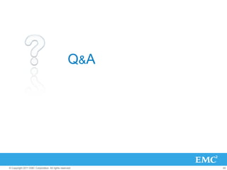 Q&A




© Copyright 2011 EMC Corporation. All rights reserved.   45
 