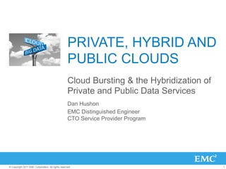 PRIVATE, HYBRID AND
                                                   PUBLIC CLOUDS
                                                   Cloud Bursting & the Hybridization of
                                                   Private and Public Data Services
                                                   Dan Hushon
                                                   EMC Distinguished Engineer
                                                   CTO Service Provider Program




© Copyright 2011 EMC Corporation. All rights reserved.                                     1
 