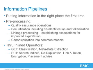 Information Pipelines
•  Putting information in the right place the first time
•  Pre-processing:
         –  Quality assurance operations
         –  Securitization including de-identification and tokenization
         –  Linkage processing – establishing associations for
            improved exploitation
         –  Canonicalization into common models
•  Thru Inlined Operators:
         –  GET: Classification, Meta-Data Extraction
         –  PUT: Search Indices, De-Duplication, Link & Token,
            Encryption, Placement advise


© Copyright 2011 EMC Corporation. All rights reserved.                    19
 