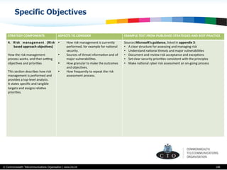 © Commonwealth Telecommunications Organisation | www.cto.int 108
STRATEGY	
  COMPONENTS ASPECTS	
  TO	
  CONSIDER EXAMPLE	
  TEXT	
  FROM	
  PUBLISHED	
  STRATEGIES	
  AND	
  BEST	
  PRACTICE
4.  Risk	
   management	
   (Risk	
  
based	
  approach	
  objec$ves)	
  
	
  
How	
  the	
  risk	
  management	
  
process	
  works,	
  and	
  then	
  seing	
  
objecBves	
  and	
  prioriBes	
  
	
  	
  
This	
  secBon	
  describes	
  how	
  risk	
  
management	
  is	
  performed	
  and	
  
provides	
  a	
  top-­‐level	
  analysis.	
  	
  
It	
  states	
  speciﬁc	
  and	
  tangible	
  
targets	
  and	
  assigns	
  relaBve	
  
prioriBes.	
  	
  	
  
•  How	
  risk	
  management	
  is	
  currently	
  
performed,	
  for	
  example	
  for	
  naBonal	
  
security.	
  
•  Sources	
  of	
  threat	
  informaBon	
  and	
  of	
  
major	
  vulnerabiliBes.	
  
•  How	
  granular	
  to	
  make	
  the	
  outcomes	
  
and	
  objecBves.	
  
•  How	
  frequently	
  to	
  repeat	
  the	
  risk	
  
assessment	
  process.	
  
Source:	
  MicrosoY’s	
  guidance,	
  listed	
  in	
  appendix	
  3:	
  
•  A	
  clear	
  structure	
  for	
  assessing	
  and	
  managing	
  risk	
  	
  
•  Understand	
  naBonal	
  threats	
  and	
  major	
  vulnerabiliBes	
  
•  Document	
  and	
  review	
  risk	
  acceptance	
  and	
  excepBons	
  
•  Set	
  clear	
  security	
  prioriBes	
  consistent	
  with	
  the	
  principles	
  
•  Make	
  naBonal	
  cyber	
  risk	
  assessment	
  an	
  on-­‐going	
  process	
  
Specific Objectives
 