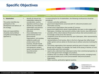 © Commonwealth Telecommunications Organisation | www.cto.int 110
STRATEGY	
  COMPONENTS ASPECTS	
  TO	
  CONSIDER EXAMPLE	
  TEXT	
  FROM	
  PUBLISHED	
  STRATEGIES	
  AND	
  BEST	
  PRACTICE
4.  Stakeholders	
  
	
  
This	
  secBon	
  idenBﬁes	
  key	
  
parBcipants	
  in	
  the	
  
development	
  and	
  delivery	
  of	
  
the	
  strategy.	
  
	
  	
  
Roles	
  and	
  responsibiliBes	
  
should	
  be	
  clearly	
  deﬁned	
  
using	
  RACI	
  terminology	
  (see	
  
appendix	
  5).	
  	
  
•  IdenBfy	
  all	
  relevant	
  key	
  
stakeholders	
  taking	
  into	
  
consideraBon,	
  country	
  
objecBves	
  and	
  focus	
  areas	
  
•  IdenBfy	
  key	
  internaBonal	
  
stakeholders	
  and	
  partners	
  
that	
  could	
  contribute	
  
eﬀecBvely	
  
•  Draw	
  stakeholders	
  from	
  
governmental	
  and	
  non-­‐
governmental	
  
organizaBons,	
  civil	
  socieBes,	
  
academia,	
  public	
  and	
  
private	
  sectors	
  of	
  the	
  
economy.	
  Should	
  include	
  
but	
  not	
  limited	
  to	
  soSware	
  
and	
  equipment	
  vendors,	
  
owners	
  and	
  operators	
  of	
  CII,	
  
law	
  enforcement	
  
insBtuBons	
  etc.	
  	
  
In	
  construcBng	
  the	
  list	
  of	
  stakeholders,	
  the	
  following	
  consBtuencies	
  should	
  be	
  
considered:	
  
•  ministers	
  and	
  other	
  poliBcians;	
  
•  government	
  departments	
  concerned	
  with	
  ICT,	
  telecommunicaBons	
  and	
  
informaBon	
  security;	
  
•  private	
  sector	
  organisaBons	
  that	
  provide	
  ICT	
  services;	
  
•  government	
  departments	
  whose	
  responsibiliBes	
  rely	
  upon	
  or	
  who	
  engage	
  with	
  
Cyberspace,	
  including:	
  most	
  economic	
  acBvity,	
  trade,	
  tourism,	
  law	
  enforcement;	
  
•  providers	
  of	
  the	
  criBcal	
  naBonal	
  infrastructure	
  whose	
  vital	
  communicaBons	
  are	
  
increasingly	
  carried	
  across	
  the	
  internet;	
  
•  companies	
  across	
  the	
  economy	
  that	
  rely	
  upon	
  Cyberspace,	
  oSen	
  represented	
  by	
  
trade	
  associaBons;	
  
•  representaBves	
  of	
  civil	
  society,	
  oSen	
  in	
  the	
  form	
  of	
  groups	
  that	
  reﬂect	
  broad	
  
public	
  opinion	
  and	
  can	
  advise	
  on	
  the	
  best	
  way	
  to	
  achieve	
  outcomes	
  involving	
  the	
  
public;	
  
•  civil	
  society	
  organisaBons	
  that	
  represent	
  parBcular	
  parts	
  of	
  society	
  or	
  interest	
  
groups	
  and	
  can	
  explain,	
  for	
  example,	
  the	
  needs	
  of	
  the	
  young,	
  of	
  women,	
  of	
  rural	
  
communiBes	
  and	
  of	
  the	
  vulnerable;	
  
•  experts	
  who	
  understand	
  how	
  Cyberspace	
  works,	
  from	
  a	
  technical	
  perspecBve,	
  to	
  
ensure	
  that	
  government	
  strategies	
  are	
  pracBcal;	
  
•  Academia	
  who	
  can	
  advise	
  on	
  R&D,	
  internaBonal	
  best	
  pracBce,	
  emerging	
  issues;	
  	
  
•  InternaBonal	
  bodies	
  such	
  as	
  the	
  Commonwealth	
  TelecommunicaBons	
  
OrganisaBon	
  
•  Other	
  countries,	
  parBcularly	
  regional	
  countries.	
  
Specific Objectives
 