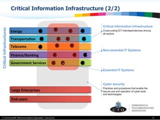 © Commonwealth Telecommunications Organisation | www.cto.int
Critical Information Infrastructure (2/2)
15
Cri$cal	
  Infrastructures	
  
Telecoms	
  
Energy	
  
Transporta$on	
  
Finance/Banking	
  
Government	
  Services	
  
Large	
  Enterprises	
  
End-­‐users	
  
Critical Information Infrastructure
Cross-cutting ICT interdependencies among
all sectors
Cyber security
Practices and procedures that enable the
secure use and operation of cyber tools
and technologies
Non-essential IT Systems
Essential IT Systems
 