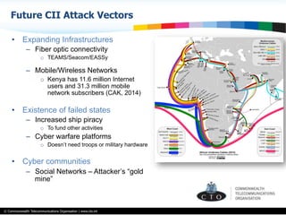 © Commonwealth Telecommunications Organisation | www.cto.int
•  Expanding Infrastructures
–  Fiber optic connectivity
o  TEAMS/Seacom/EASSy
–  Mobile/Wireless Networks
o  Kenya has 11.6 million Internet
users and 31.3 million mobile
network subscribers (CAK, 2014)
•  Existence of failed states
–  Increased ship piracy
o  To fund other activities
–  Cyber warfare platforms
o  Doesn’t need troops or military hardware
•  Cyber communities
–  Social Networks – Attacker’s “gold
mine”
Future CII Attack Vectors
 